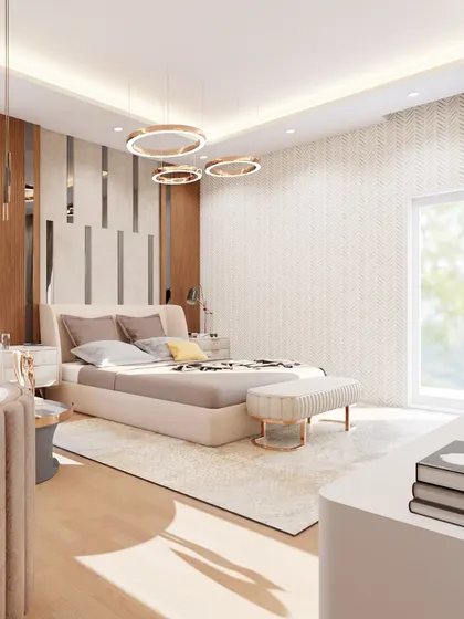 For this contemporary bedroom, I used a mix of wood and off-white panels to create a look that is both minimalist and sophisticated. The circular pendant lights and plush seating add a touch of modern elegance.