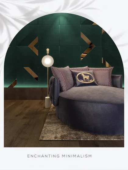 A glimpse of enchanting minimalism. This cozy nook features a deep green geometric wall panel with metallic accents, creating a glamorous backdrop that is both modern and timeless.