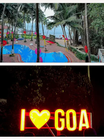 A collage showing the beautiful resort and the "I love Goa" sign, perfectly capturing the destination wedding atmosphere.