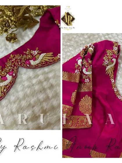 This pink blouse features beautiful peacock motifs embroidered along the neckline. Using motifs from the saree itself is one of my favorite ways to create a cohesive design.
