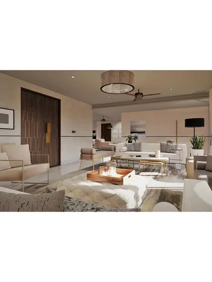 A living room render for 'Residence at Hutchins'.