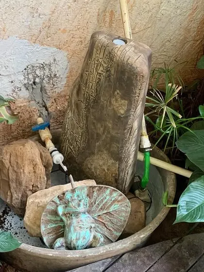 This whimsical fountain setup includes a small frog sculpture and other decorative elements, adding a personal touch to the water feature.