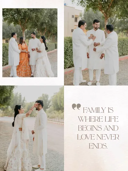 A collage celebrating family. These shots capture the blessings and joyful interactions between the couple and their parents, emphasizing that family is where love begins and never ends.