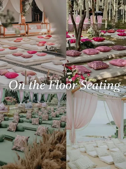 A mood board for "On the Floor Seating" with mattresses and cushions, a great option for a casual and bohemian Mehndi or Sangeet.