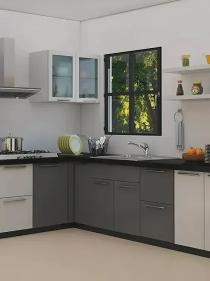 A functional L-shaped kitchen with a two-tone grey and white cabinet combination, ideal for everyday use.