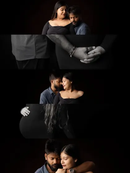 This collage highlights the intimate details of a dark-themed studio shoot. It features close-ups of hands on the bump, loving embraces, and tender expressions.