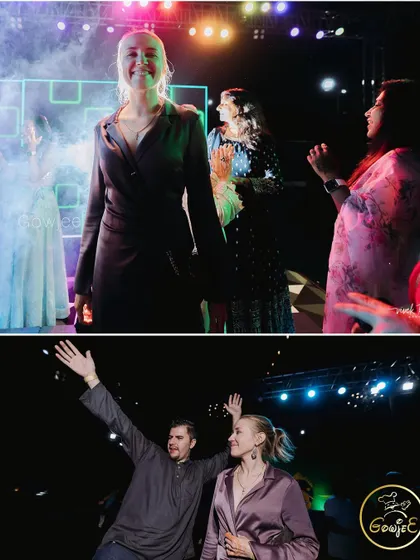 A collage of international guests enjoying the dance party at an Indian wedding reception.