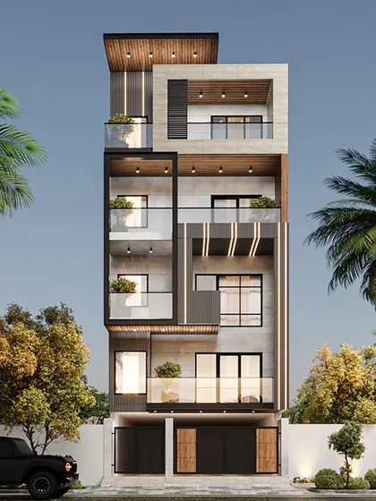 A 3D exterior design option for a duplex in Faridabad. This version features a modern theme with a strong vertical emphasis, using a mix of concrete, wood, and glass to create a sophisticated and visually striking facade.
