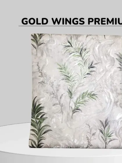 The 'Gold Wings Premium' wallpaper with green leaves on a light, textured background.