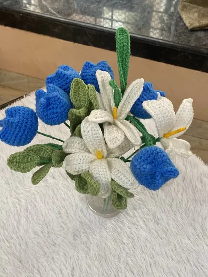 This angle of the ocean blue bouquet shows the full height and volume of the flowers.