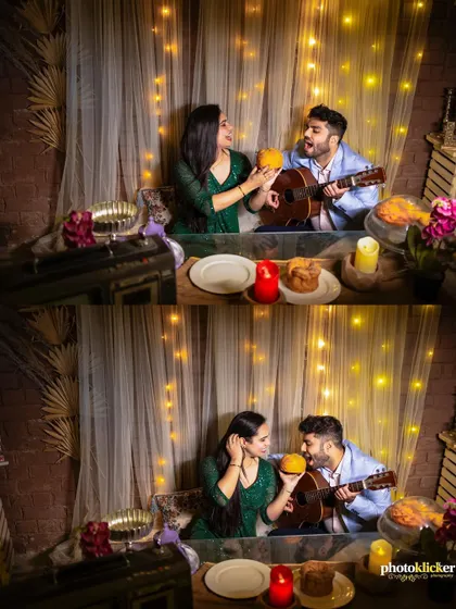 A collage of a couple enjoying a cozy, romantic setup with a guitar and fairy lights, perfect for an indoor pre-wedding shoot.