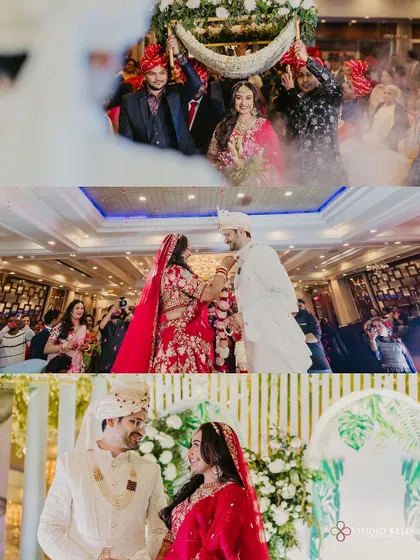 A collage capturing the key moments of the wedding ceremony, from the grand entry to the Varmala.