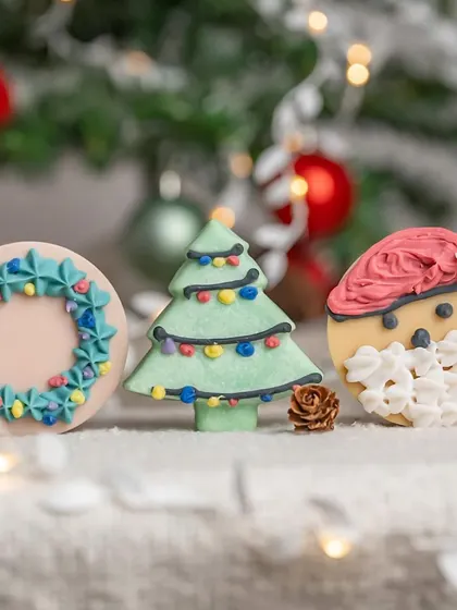 A festive trio of Christmas-themed soaps: a wreath, a tree, and Santa Claus. This group shot is perfect for holiday marketing campaigns.