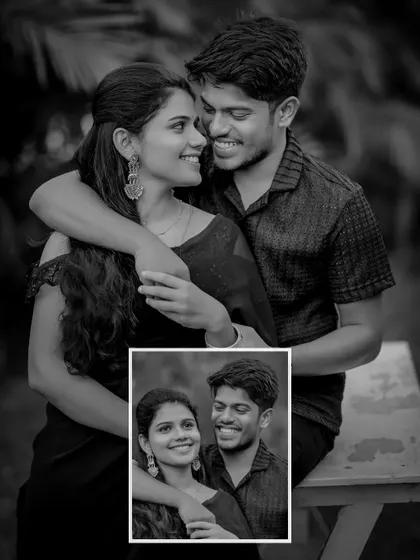 A creative black and white portrait of the couple, with a smaller color inset, adding an artistic touch to their pre-wedding album.