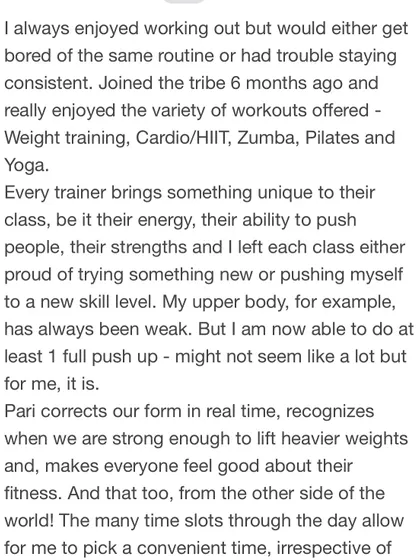 A member who struggled with consistency found her groove with us. She celebrates achieving her first push-up and appreciates the real-time form correction, even from the other side of the world.