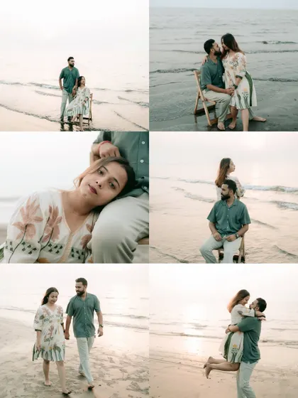 A collection of moments from a single beach pre-wedding shoot, showing the variety of poses and emotions we can capture in one session.