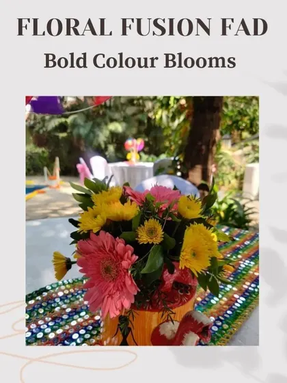 A "Floral Fusion Fad" post featuring a bright and cheerful bouquet of pink and yellow flowers, perfect for a vibrant daytime event.