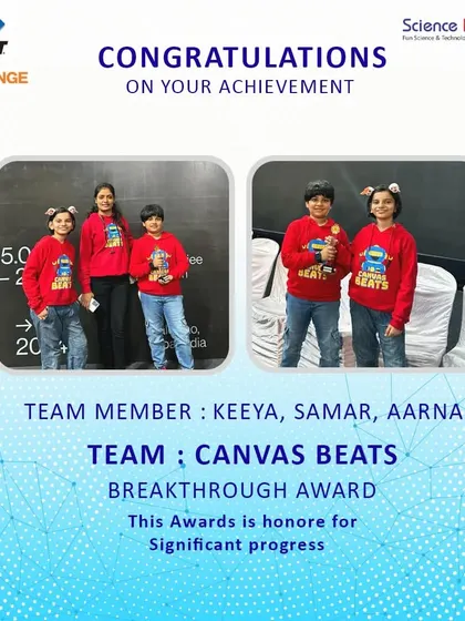 Congratulations to Team Canvas Beats for winning the Breakthrough Award at the FIRST LEGO League Challenge. This award honors their significant progress and excellent core values throughout the competition.