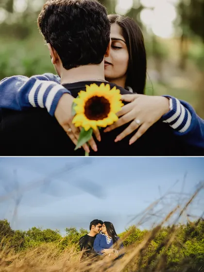 A collage showing the couple's romantic moments in a field of tall grass, including a sweet hug with a sunflower. These images capture the natural beauty and intimacy of an outdoor pre-wedding shoot.