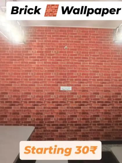 A full view of a red brick wallpaper roll installed in what appears to be a cafeteria or commercial space. This design offers a classic, rustic look that is versatile for many business types.