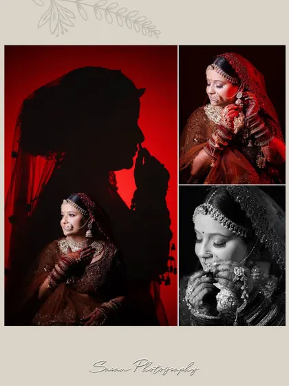 A collage of artistic bridal portraits, using silhouettes, shadows, and a mix of color and monochrome.