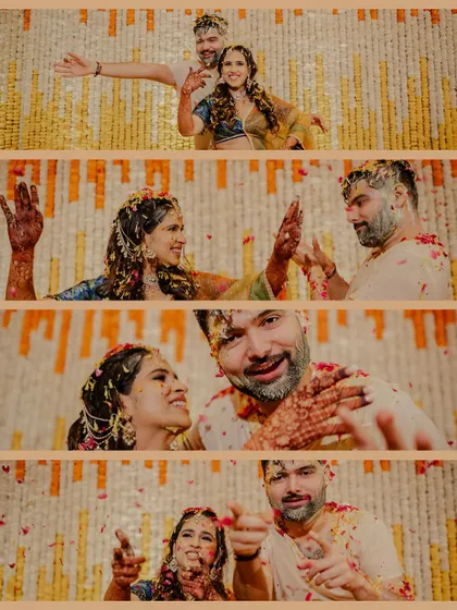 A series of four candid moments showing the couple's playful interaction during their Haldi.