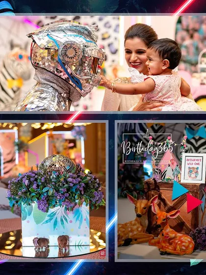 A collage showing details from the neon jungle party, including a robot entertainer, a themed cake, and woodland animal props.