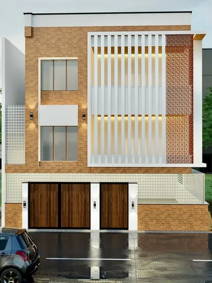 This render showcases a home where a traditional brick facade and intricate jaali screens are the heroes. The design creates a beautiful interplay of texture and pattern, offering privacy while allowing natural light to filter through.