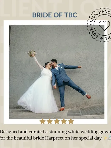 Another joyful shot of Harpreet in her custom-designed white wedding gown. This handmade piece was crafted with so much love, and it shows in her smile.