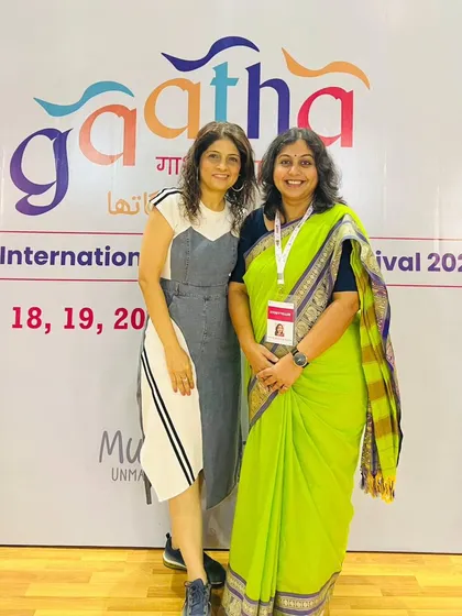 Posing with a friend at the Gaatha Mumbai International Storytelling Festival. It's incredible to be part of such a large and passionate community.