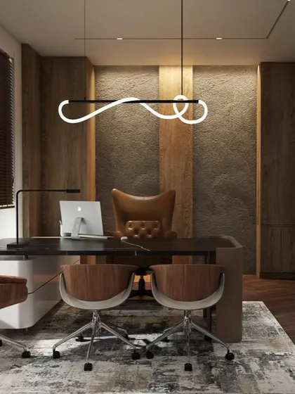 Another concept for a modern office cabin, featuring rich wood-paneled walls, a sleek desk, and a contemporary infinity-loop pendant light that makes a bold design statement.