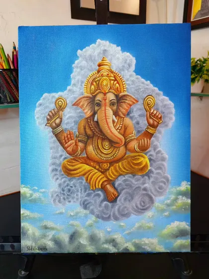 The finished 12x16 inch oil painting of Ganesh Ji, looking serene among the clouds. I'm really happy with the level of detail I was able to achieve in this piece.