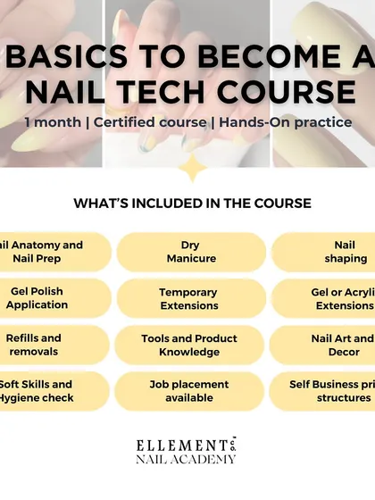 An overview of our 'Basics to Become a Nail Tech' course curriculum. This one-month certified program includes everything from dry manicure and nail shaping to job placement and business pricing structures.