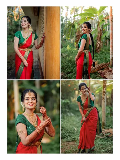 A collage of the bride in a vibrant red and green saree, posing happily in a natural, outdoor setting.