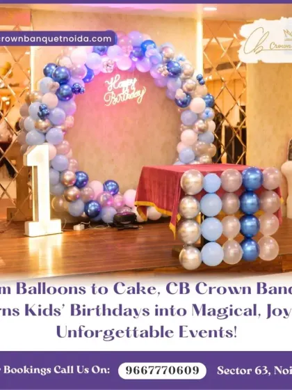 A classic first birthday balloon decoration. The circular arch in shades of blue and silver, paired with a light-up number '1', is a timeless and elegant choice for this milestone.