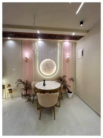 A short video showing a pastel pink dining and living area, perfect for those who love soft and elegant interiors.