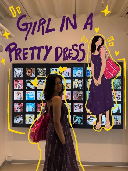"Girl in a pretty dress." This photo gets a title and a cartoon version of me to complete the look.