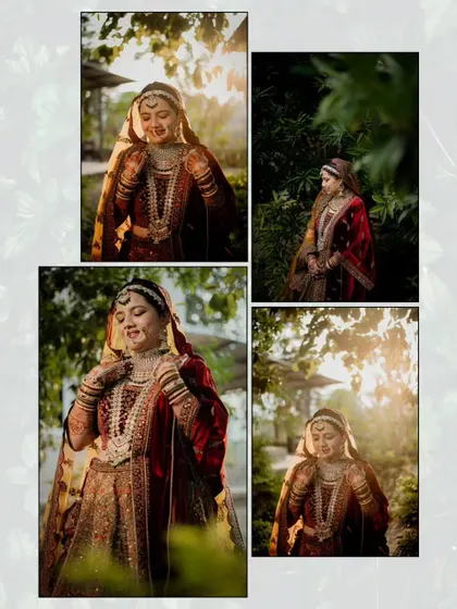 A four-image collage showing the bride in beautiful golden hour lighting, capturing the magical and dreamy atmosphere of the evening.