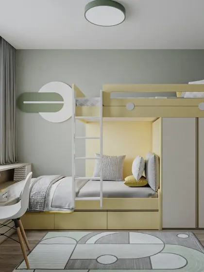 A modern bunk bed with an integrated study desk. The yellow and gray color scheme is contemporary and cheerful.