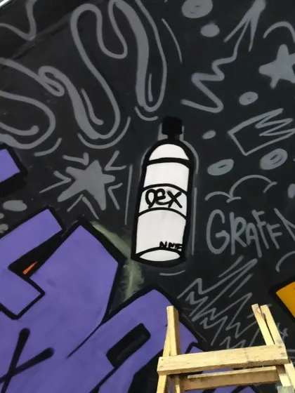 A close-up detail from the "HIPHOP INDIA" tunnel mural. The piece is filled with small hip-hop and graffiti culture references, like this stylized spray can with my "DEX" tag.