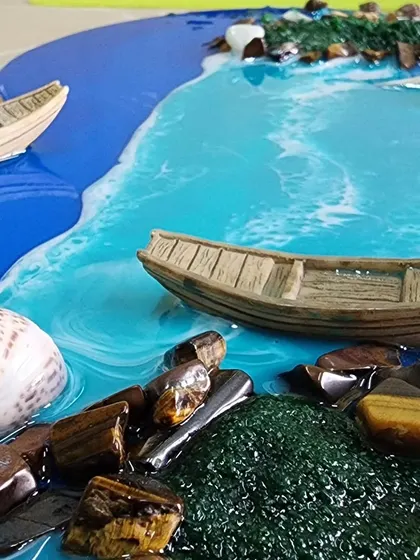 A wider view of the seascape piece, showing the different elements coming together.