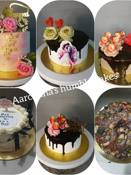 A collage of various celebration cakes, including drip cakes and floral designs.