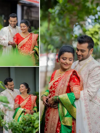 A collage of romantic outdoor portraits of a couple in their traditional red and green Marathi wedding outfits.
