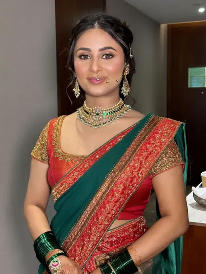 A close-up of the Haldi look. The makeup is subtle and radiant, enhancing her natural beauty while respecting tradition.