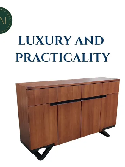 A solid wood sideboard with clean lines and minimalist hardware, resting on distinctive V-shaped metal legs. This piece blends luxury and practicality for modern storage needs.