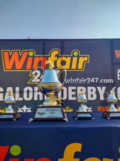 A full display of the trophies for The Winfair247 Bangalore Derby.