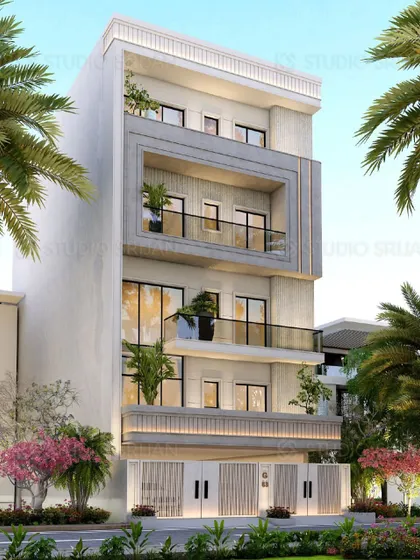 An angled view of the Bali Nagar project, showing how the prominent frame element gives the facade a strong sense of depth. The clean white and grey palette is modern and sophisticated.