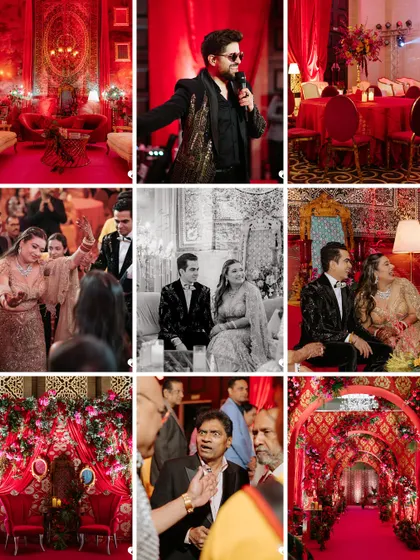 A collage from a glamorous reception night with a red and black theme. It was all about moody lighting, luxe decor, and high fashion.