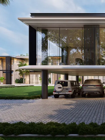 This outhouse concept is a striking two-story structure with a glass-dominated facade and metal louvers. It maintains its own identity while aligning with the main home's sleek, contemporary aesthetic.