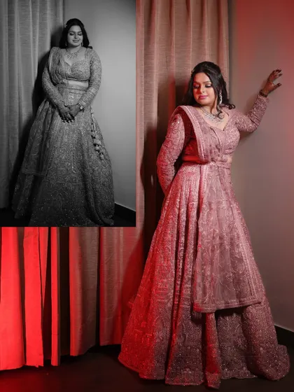 A collage showing the bride's elegant poses in her engagement gown, using dramatic red lighting for a stylish effect.